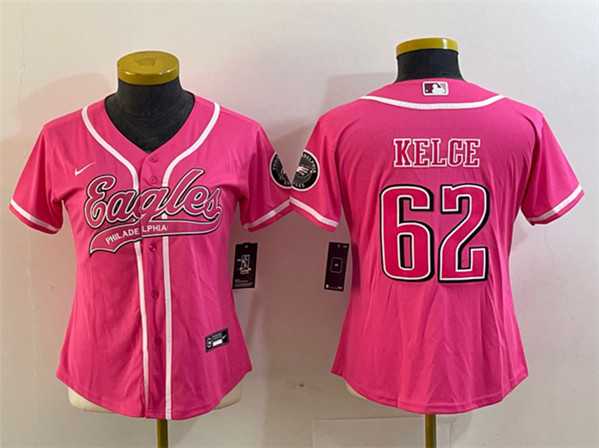 Womens Philadelphia Eagles #62 Jason Kelce Pink Cool Base Stitched Baseball Jersey(Run Small)